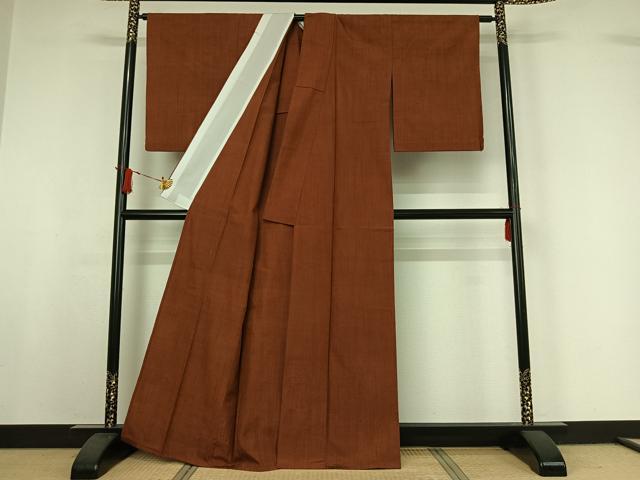 平和屋着物▽上質な紬　単衣　霞文　茶色　正絹　逸品　AABI7758jh