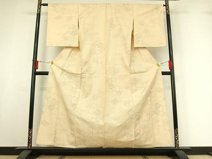 平和屋着物▽上質な紬　単衣　草花文　正絹　逸品　AABI7759jh