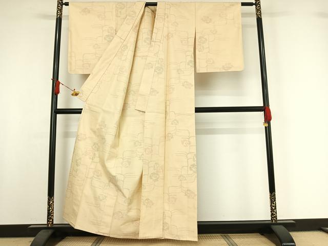 平和屋着物▽上質な紬　単衣　草花文　正絹　逸品　AABI7759jh