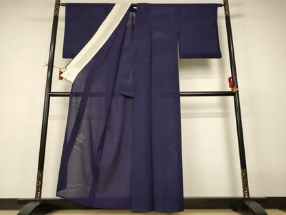 平和屋着物＊夏物　色無地　舞花紋紗　鉄紺色　正絹　逸品　AABI7767jd