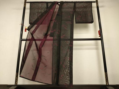 平和屋着物＊夏物　小紋　紗　枝葉文　銀通し地　正絹　逸品　AABI7773jd