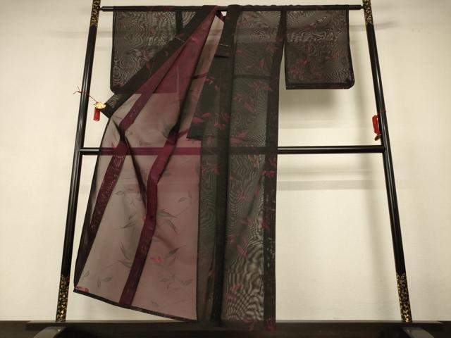 平和屋着物＊夏物　小紋　紗　枝葉文　銀通し地　正絹　逸品　AABI7773jd