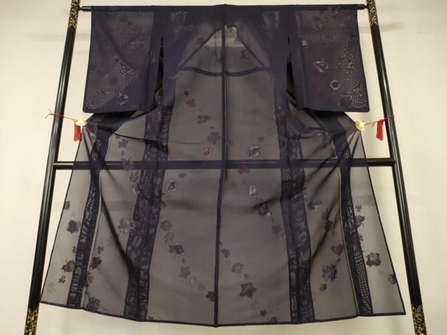 平和屋着物＊夏物　小紋　紗　刺繍　舞葉文　銀糸　正絹　逸品　AABI7776jd