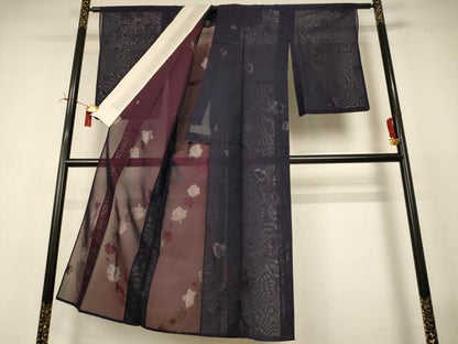 平和屋着物＊夏物　小紋　紗　刺繍　舞葉文　銀糸　正絹　逸品　AABI7776jd