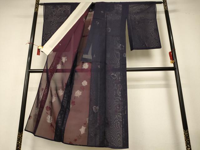 平和屋着物＊夏物　小紋　紗　刺繍　舞葉文　銀糸　正絹　逸品　AABI7776jd