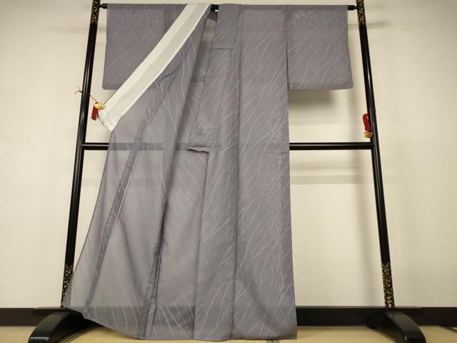 平和屋着物＊夏物　色無地　紗　よろけ斜縞　源氏鼠色　正絹　逸品　AABI7782jd