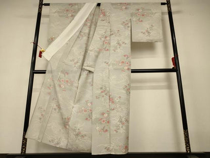 平和屋着物＊夏物　小紋　絽　流水花鳥文　銀彩　正絹　逸品　AABI7787jd