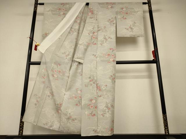 平和屋着物＊夏物　小紋　絽　流水花鳥文　銀彩　正絹　逸品　AABI7787jd