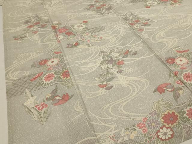 平和屋着物＊夏物　小紋　絽　流水花鳥文　銀彩　正絹　逸品　AABI7787jd