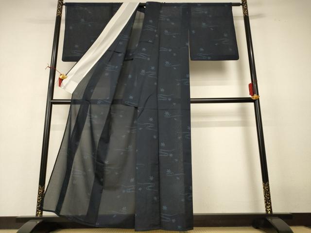 平和屋着物＊夏物　小紋　紗　流水舞葉文　洗える着物　AABI7790jd