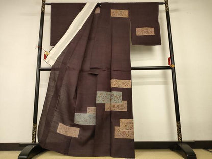 平和屋着物＊夏物　生紬　訪問着　草花文　金彩　正絹　逸品　AABI7803jd