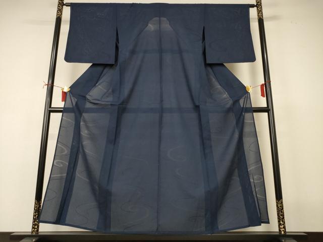 平和屋着物＊夏物　色無地　縦絽　流水紋紗　藍鉄色　正絹　逸品　AABI7816jd