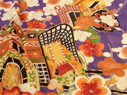 平和屋着物＊夏物　振袖　絽　駒刺繍　御所車梅文　金彩　正絹　逸品　AABI7831jd