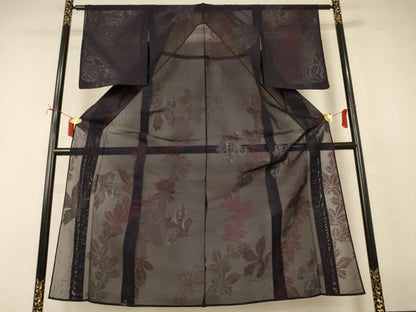 平和屋着物＊夏物　小紋　紗　草花文　銀糸　正絹　逸品　AABI7840jd