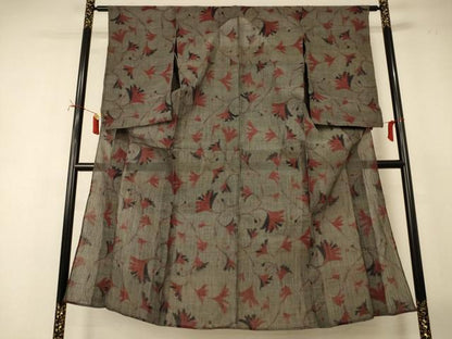 平和屋着物＊夏物　小千谷ちぢみ　枝葉文　麻　逸品　AABI7844jd