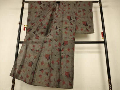 平和屋着物＊夏物　小千谷ちぢみ　枝葉文　麻　逸品　AABI7844jd