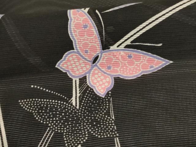 平和屋着物＊夏物　小紋　絽　花蝶文　黒地　洗える着物　AABI7846jd