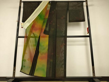 平和屋着物＊夏物　小紋　風通紗　楓文　正絹　逸品　AABI7850jd