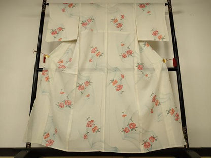 平和屋着物＊夏物　小紋　絽　手描き　草花文　銀彩　正絹　逸品　AABI7876jd