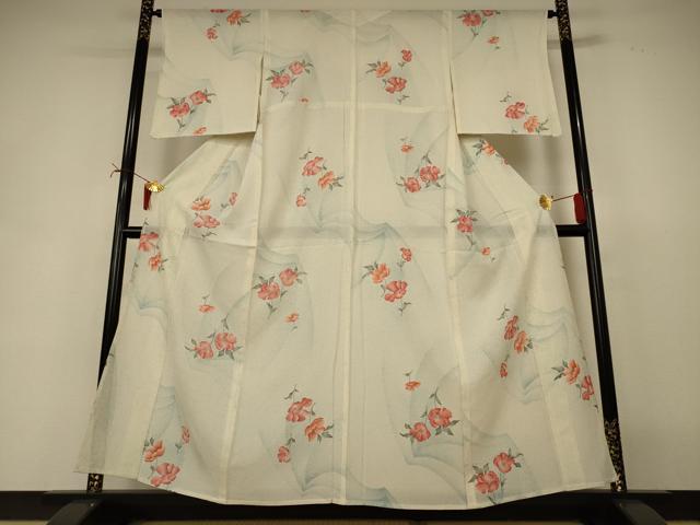 平和屋着物＊夏物　小紋　絽　手描き　草花文　銀彩　正絹　逸品　AABI7876jd