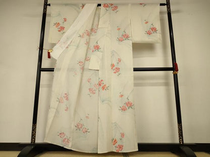 平和屋着物＊夏物　小紋　絽　手描き　草花文　銀彩　正絹　逸品　AABI7876jd