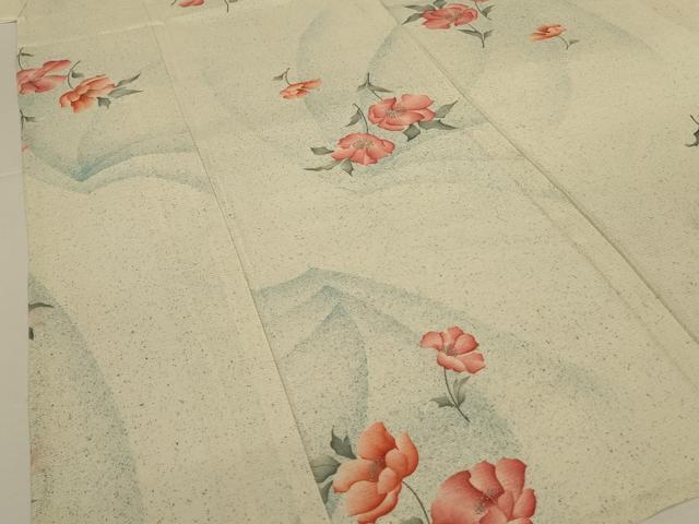 平和屋着物＊夏物　小紋　絽　手描き　草花文　銀彩　正絹　逸品　AABI7876jd