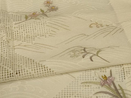 平和屋着物＊夏物　訪問着　絽　刺繍　立波草花文　正絹　逸品　AABI7884jd
