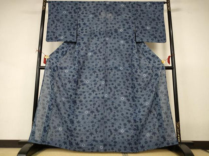 平和屋着物＊夏物　小紋　絽　藍　型染め　草花文　正絹　逸品　AABI7909jd