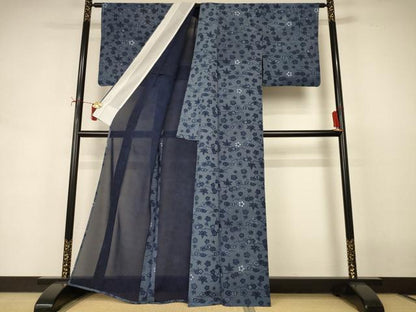 平和屋着物＊夏物　小紋　絽　藍　型染め　草花文　正絹　逸品　AABI7909jd