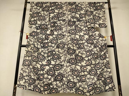 平和屋着物＊夏物　小紋　絽　藍　型染め　草花文　正絹　逸品　AABI7910jd