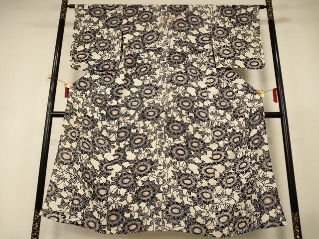 平和屋着物＊夏物　小紋　絽　藍　型染め　草花文　正絹　逸品　AABI7910jd
