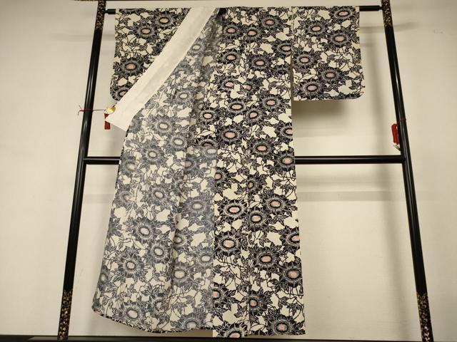 平和屋着物＊夏物　小紋　絽　藍　型染め　草花文　正絹　逸品　AABI7910jd