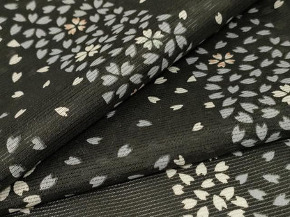 平和屋着物＊夏物　小紋　絽　舞桜文　黒地　洗える着物　AABI7914jd
