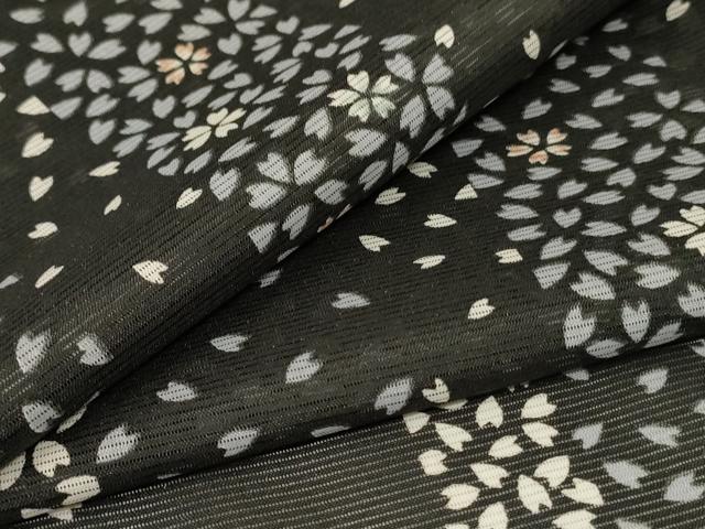 平和屋着物＊夏物　小紋　絽　舞桜文　黒地　洗える着物　AABI7914jd