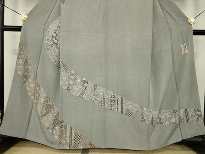 平和屋着物●二代目更甚　江戸更紗　四代目松綱　江戸小紋　訪問着　更紗花文　万筋　黒色×白色　正絹　逸品　AABI7924ck
