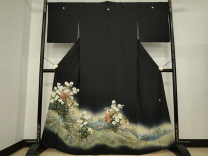 平和屋着物●十日町友禅作家　阿部佳雪 　黒留袖　鴛鴦花文　暈し染め　正絹　逸品　AABI7929ck