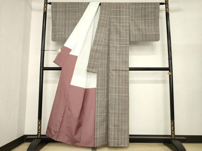 平和屋着物●上質な紬　格子　正絹　逸品　AABI7930ck