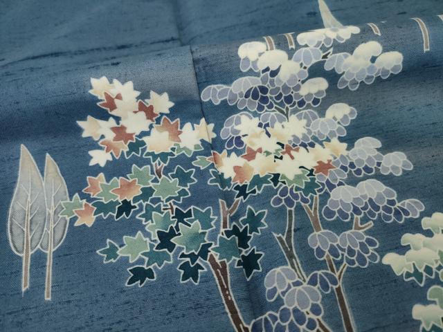 平和屋着物●訪問着　友禅　紬地　樹林文　正絹　逸品　AABI7931ck