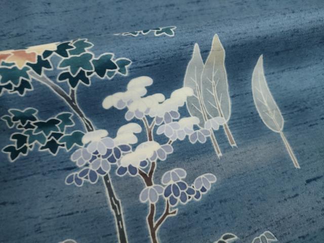 平和屋着物●訪問着　友禅　紬地　樹林文　正絹　逸品　AABI7931ck