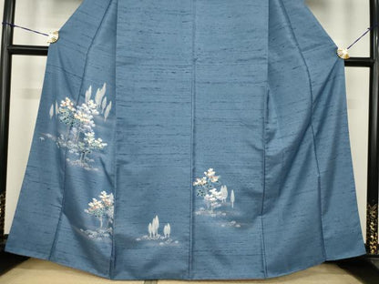 平和屋着物●訪問着　友禅　紬地　樹林文　正絹　逸品　AABI7931ck