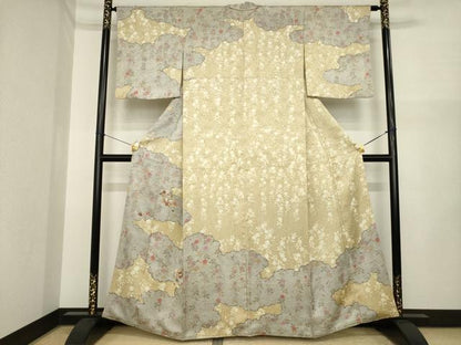 平和屋着物●訪問着　駒刺繍　地紙花蝶文　正絹　逸品　AABI7937ck