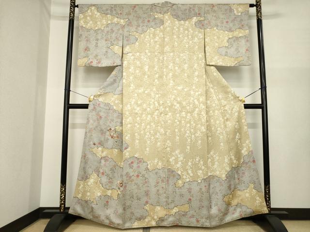 平和屋着物●訪問着　駒刺繍　地紙花蝶文　正絹　逸品　AABI7937ck