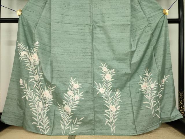 平和屋着物●訪問着　紬地　草花文　正絹　逸品　AABI7947ck