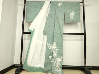 平和屋着物●訪問着　紬地　草花文　正絹　逸品　AABI7947ck