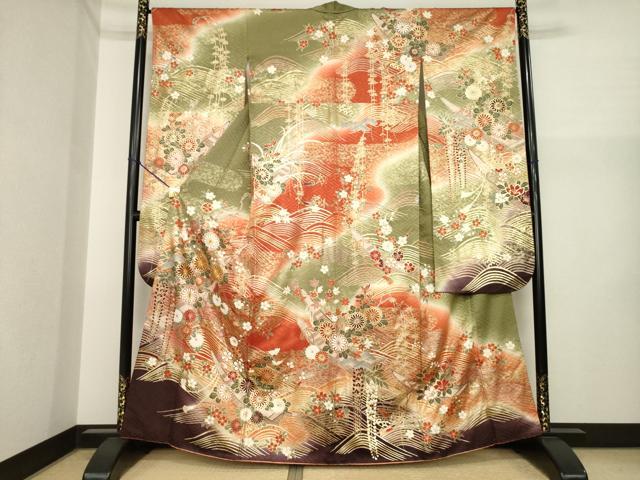 平和屋着物●豪華振袖　駒刺繍　立波花文　暈し染め　正絹　逸品　AABI7948ck
