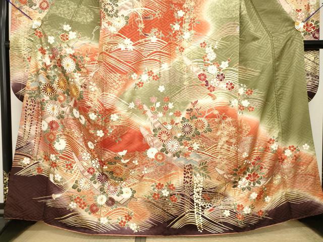 平和屋着物●豪華振袖　駒刺繍　立波花文　暈し染め　正絹　逸品　AABI7948ck