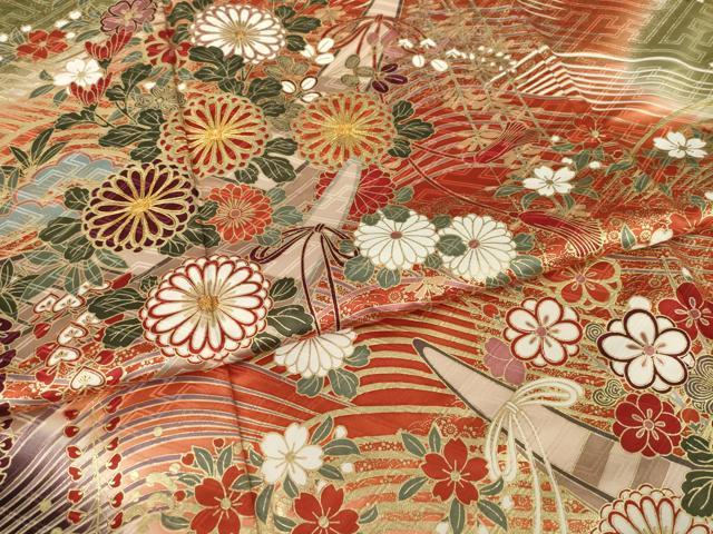 平和屋着物●豪華振袖　駒刺繍　立波花文　暈し染め　正絹　逸品　AABI7948ck