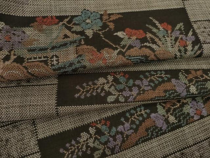 平和屋着物●本場大島紬　カタス9マルキ　横段風景花文　正絹　逸品　AABI7957ck