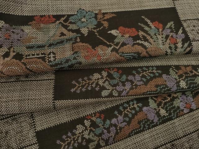 平和屋着物●本場大島紬　カタス9マルキ　横段風景花文　正絹　逸品　AABI7957ck