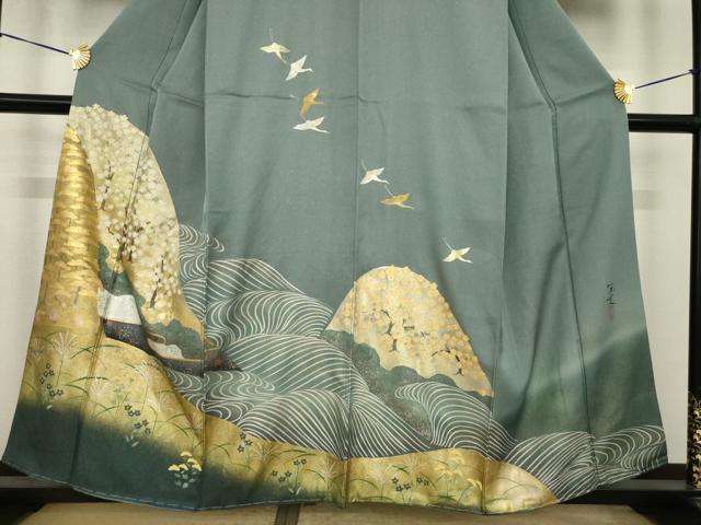 平和屋着物●訪問着　作家物　遠山重ね花文　金彩　金通し地　正絹　逸品　AABI7963ck